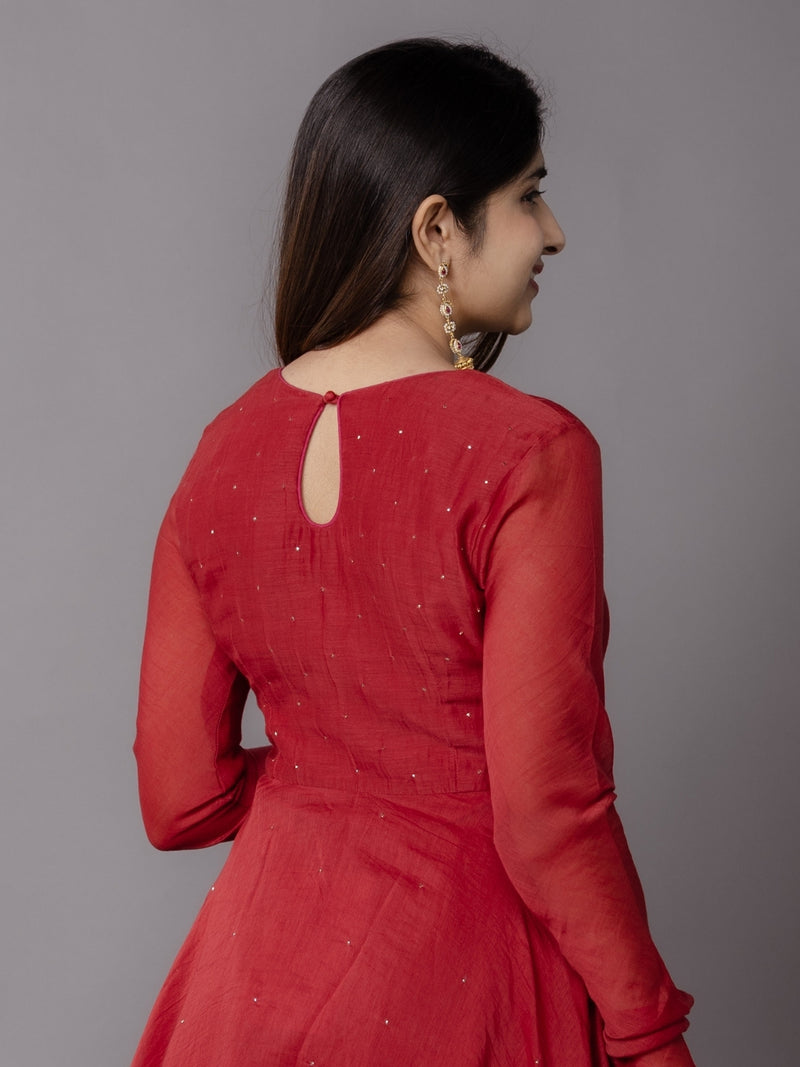 Tara Red Solid Chanderi Silk A Line Kurta with Mukaish Detailing