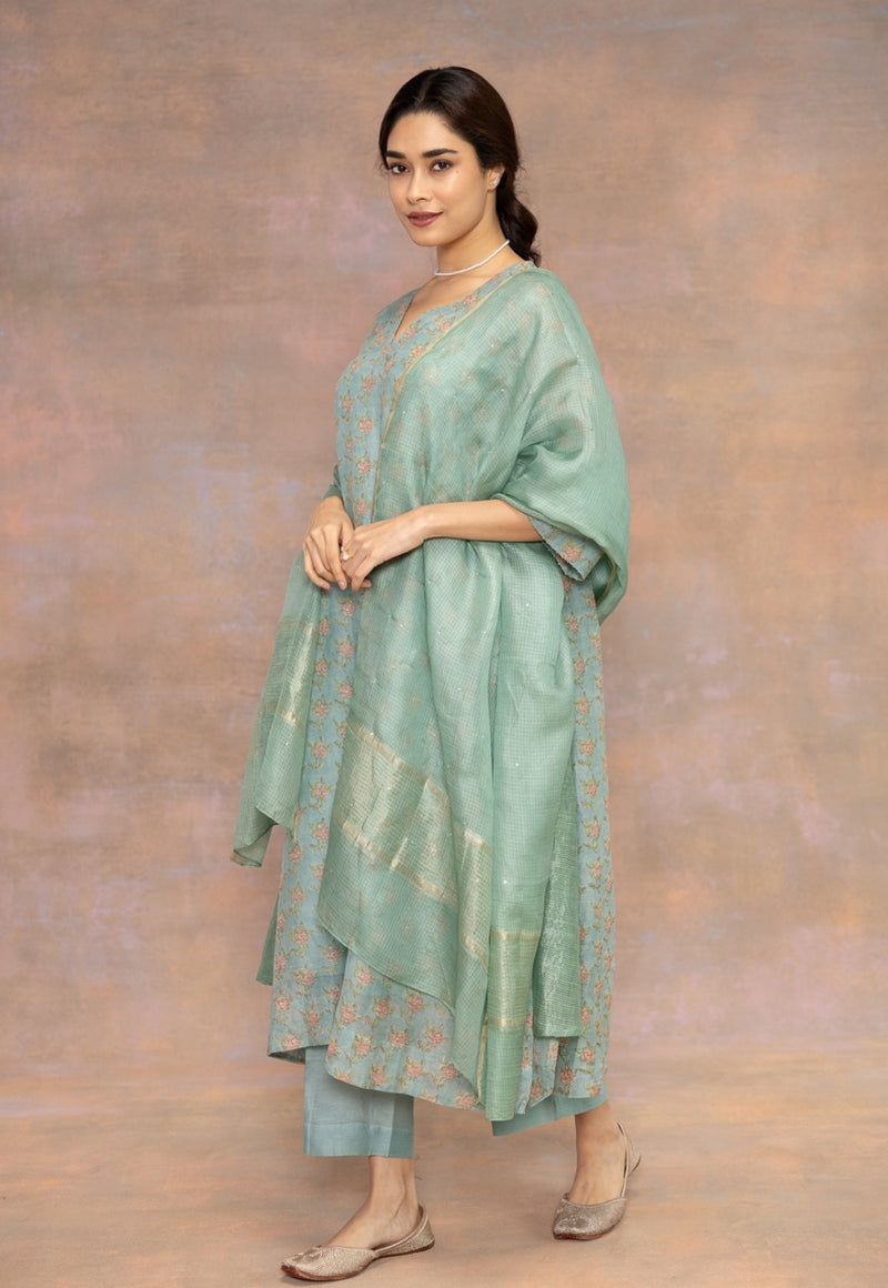 Yashi Blue Solid Chanderi Silk Straight Pant