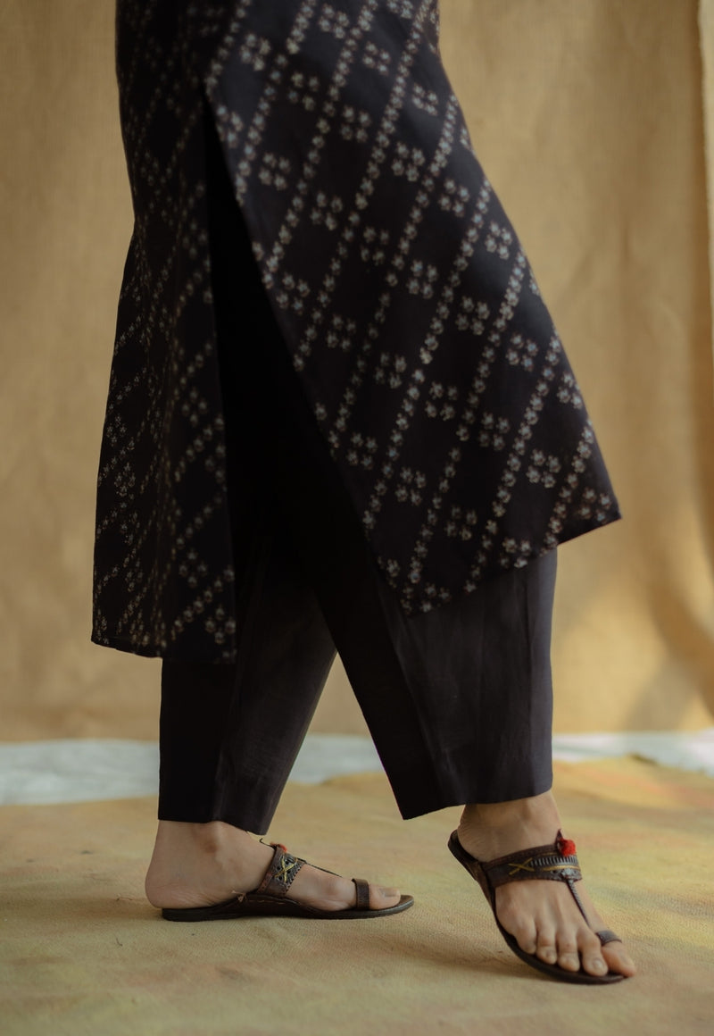 Avika Black Ajrakh Chanderi Silk Straight Kurta with Hand Embroidery