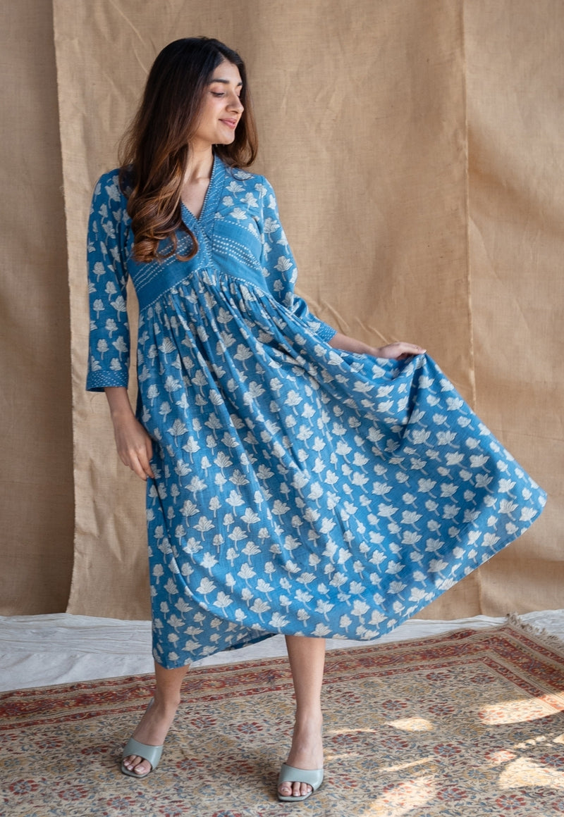 Ralia Indigo Dabu Slub Cotton A Line Dress