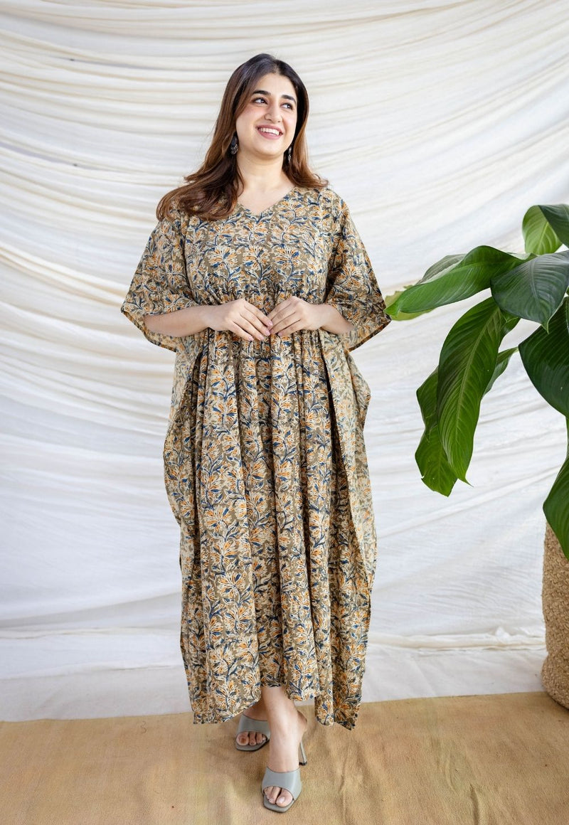 Ifrah Olive Green Kalamkari Cotton Loose Kaftan