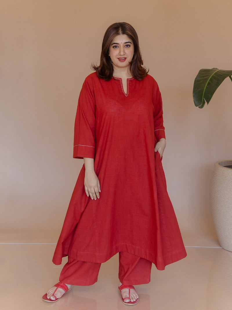 Nyra Red Solid Slub Cotton Jhabbha Kali Kurta with Hand Embroidery