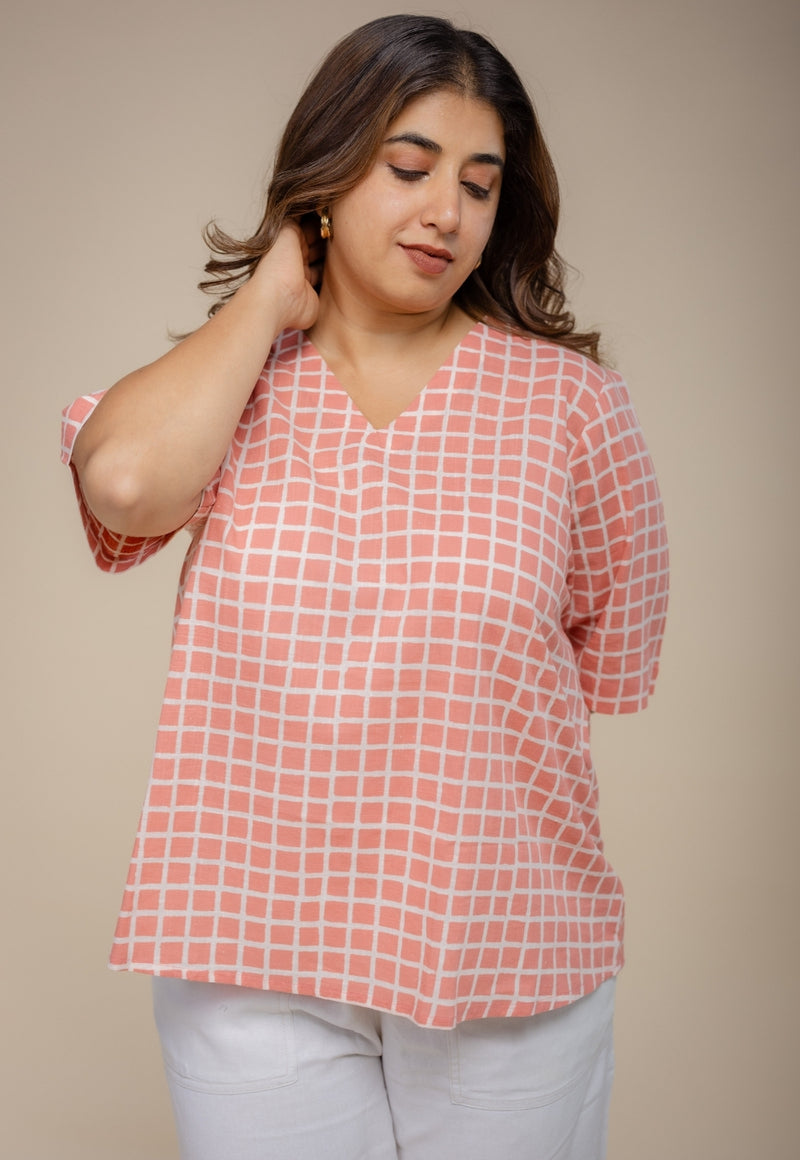 Saiya Red Hand Block Print Slub Cotton Straight Short Top