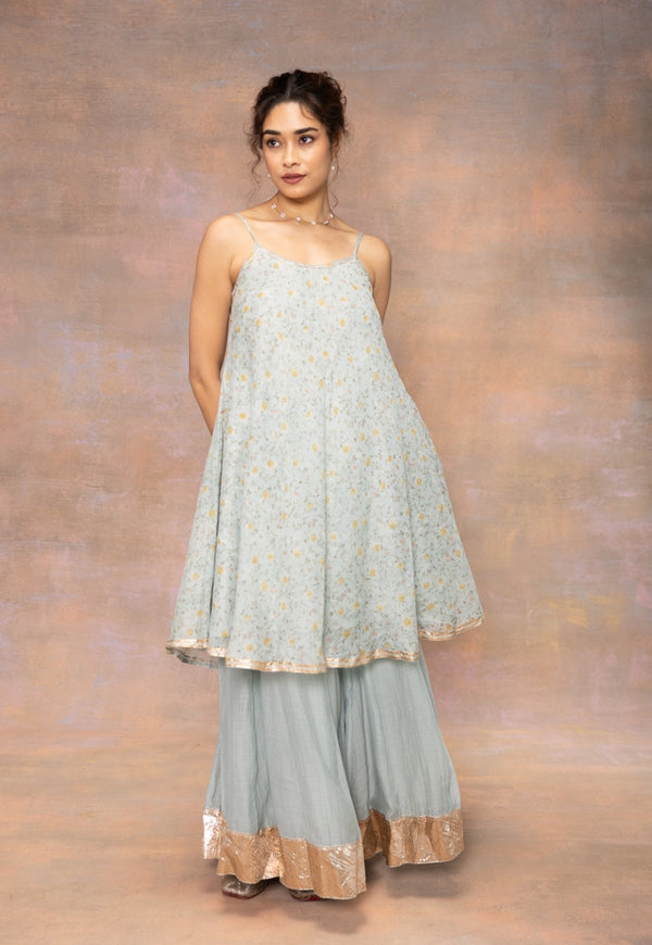 Rosalie Blue Sanganeri Chanderi Silk A Line Kurta with Lace Detailing