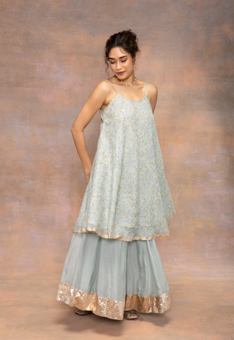 Rosalie Blue Sanganeri Chanderi Silk A Line Kurta with Lace Detailing