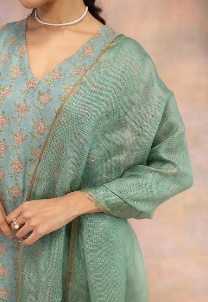 Green Solid Katan Kota Dupatta with Mukaish Detailing