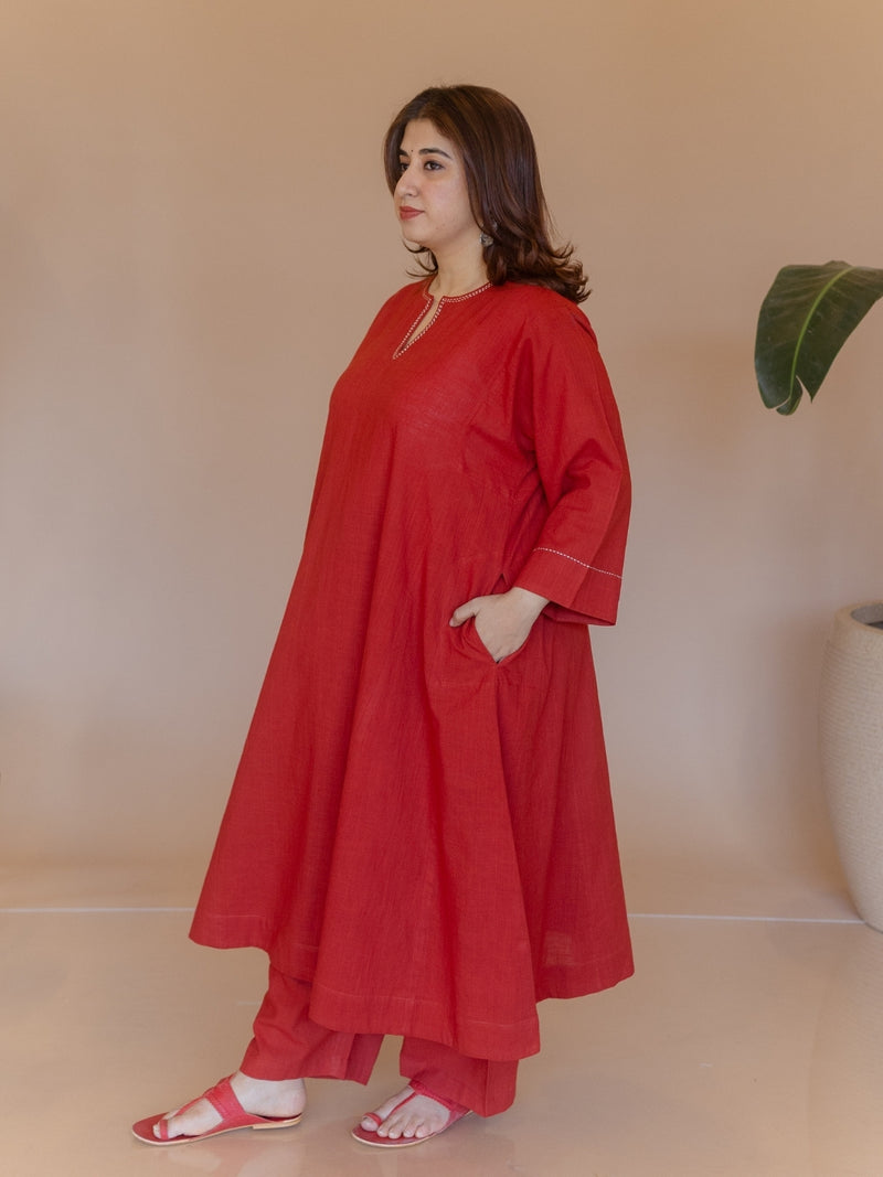 Nyra Red Solid Slub Cotton Jhabbha Kali Kurta with Hand Embroidery
