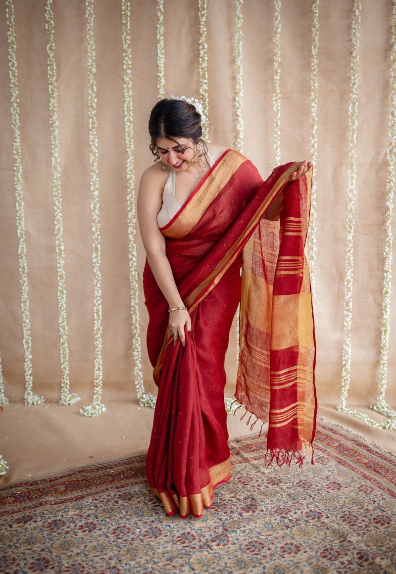 Silk Beige Gold Saree With Contrast Maroon Border – Heritage India Fashions