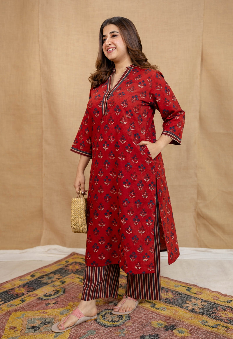 Yashi Red Ajrakh Cotton Straight Pant