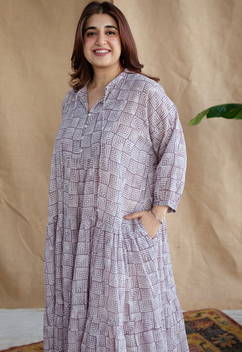 Adya Lavender Batik MulMul Cotton A Line Dress