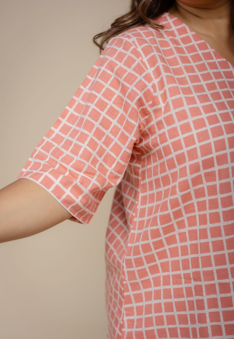 Saiya Red Hand Block Print Slub Cotton Straight Short Top