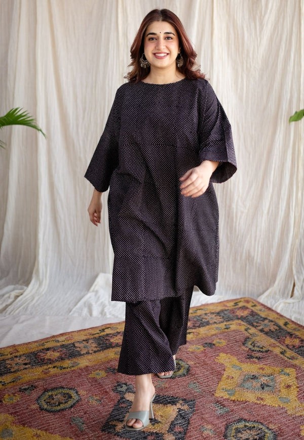 Bombay Charcoal Ajrakh Cotton Loose Kurta with Hand Embroidery