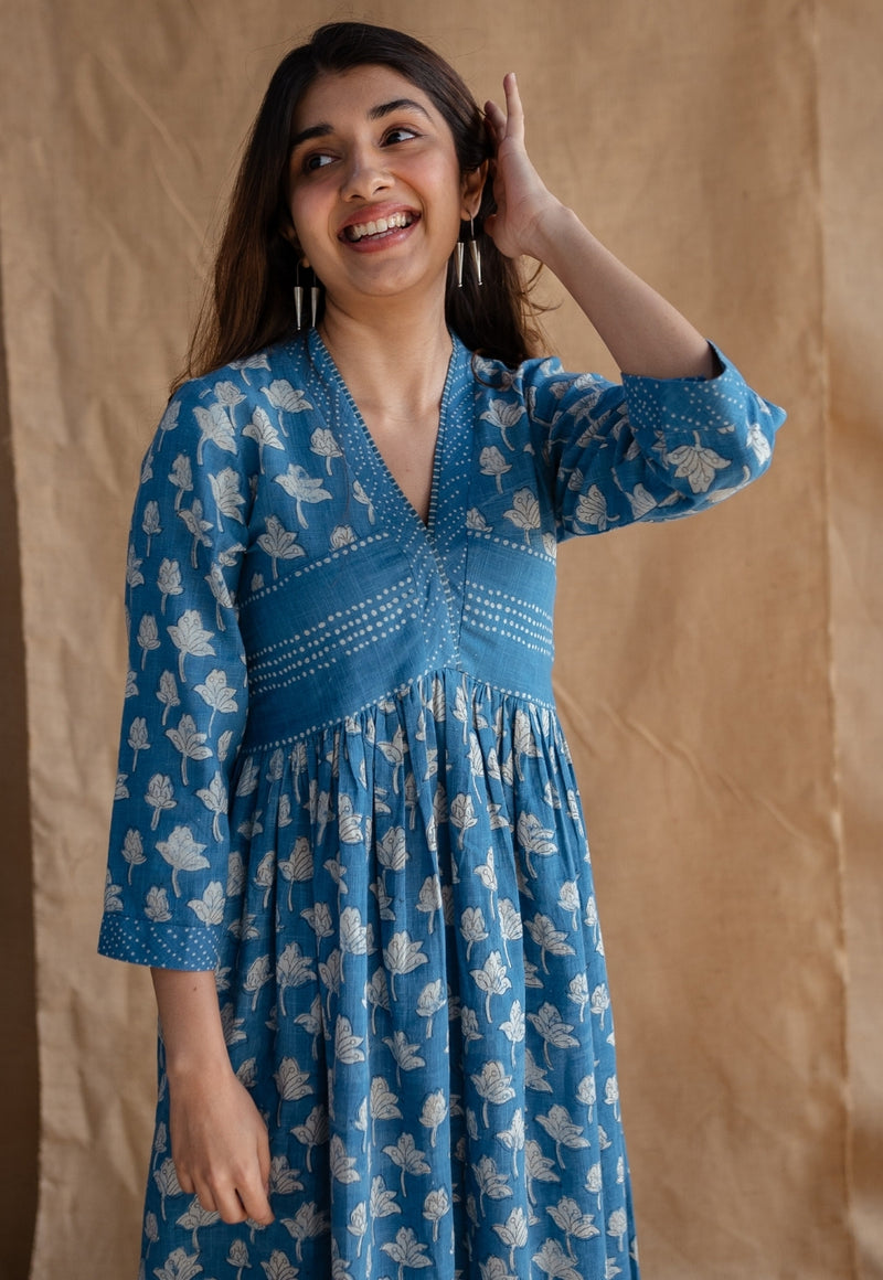 Ralia Indigo Dabu Slub Cotton A Line Dress