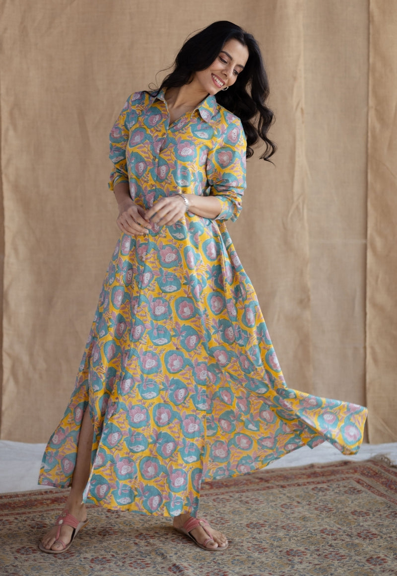 Trusha Yellow Sanganeri Slub Cotton A Line Dress