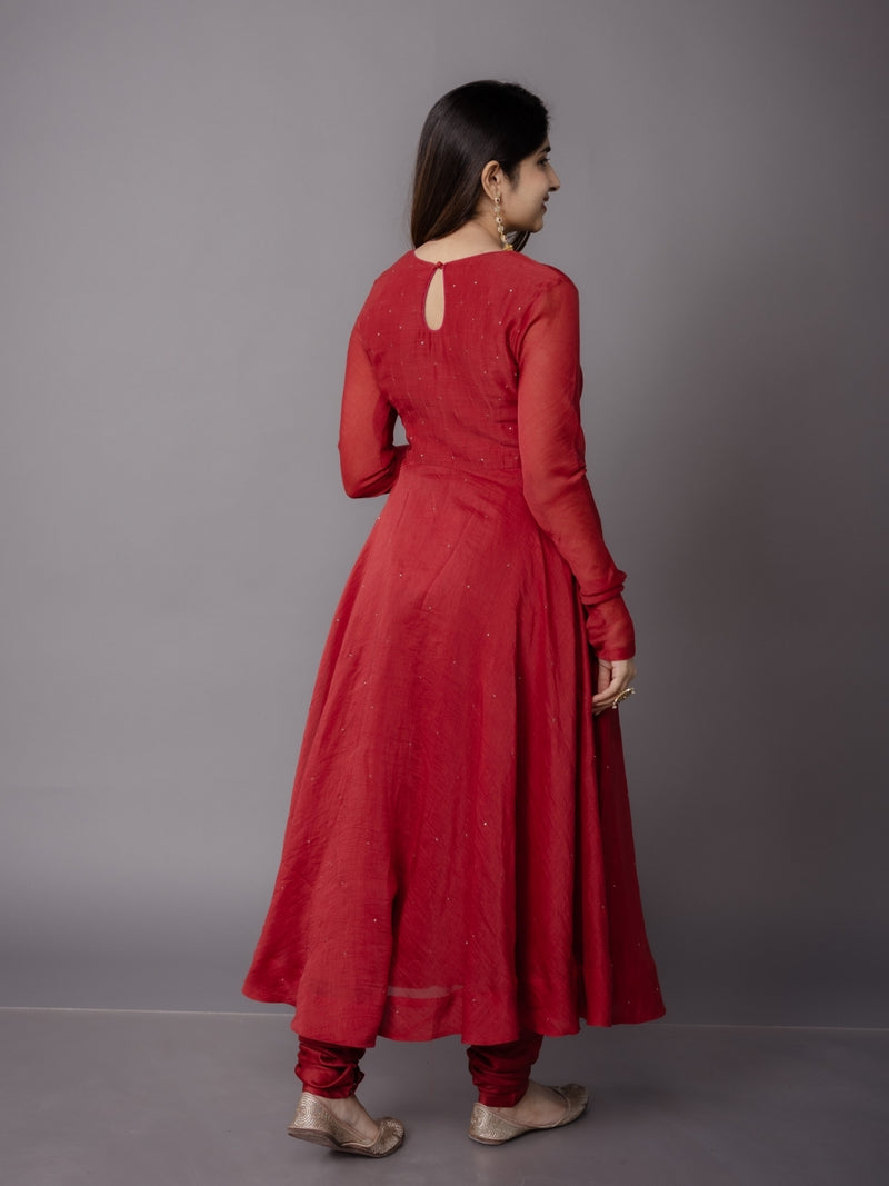 Tara Red Solid Chanderi Silk A Line Kurta with Mukaish Detailing