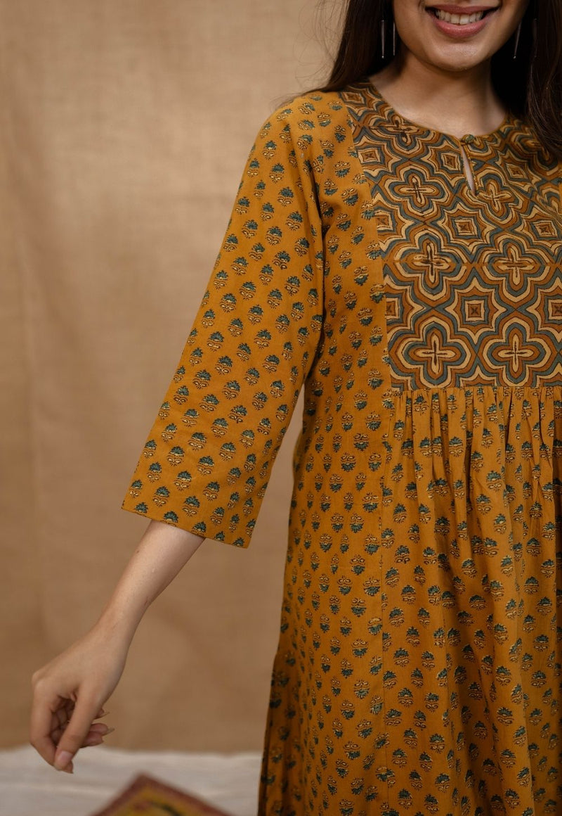 Shikha Mustard Ajrakh Cotton A Line Kurta