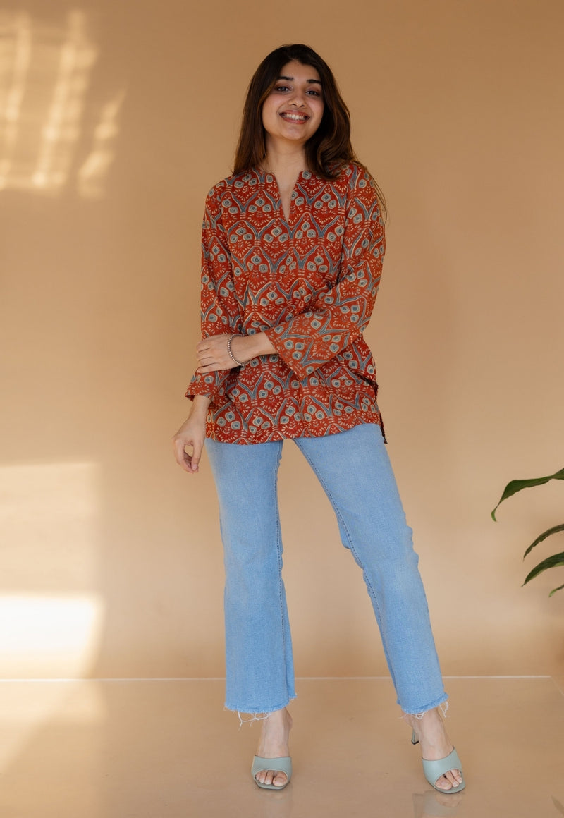 Tapsi Red Ajrakh Cotton A Line Short Top with Hand Embroidery