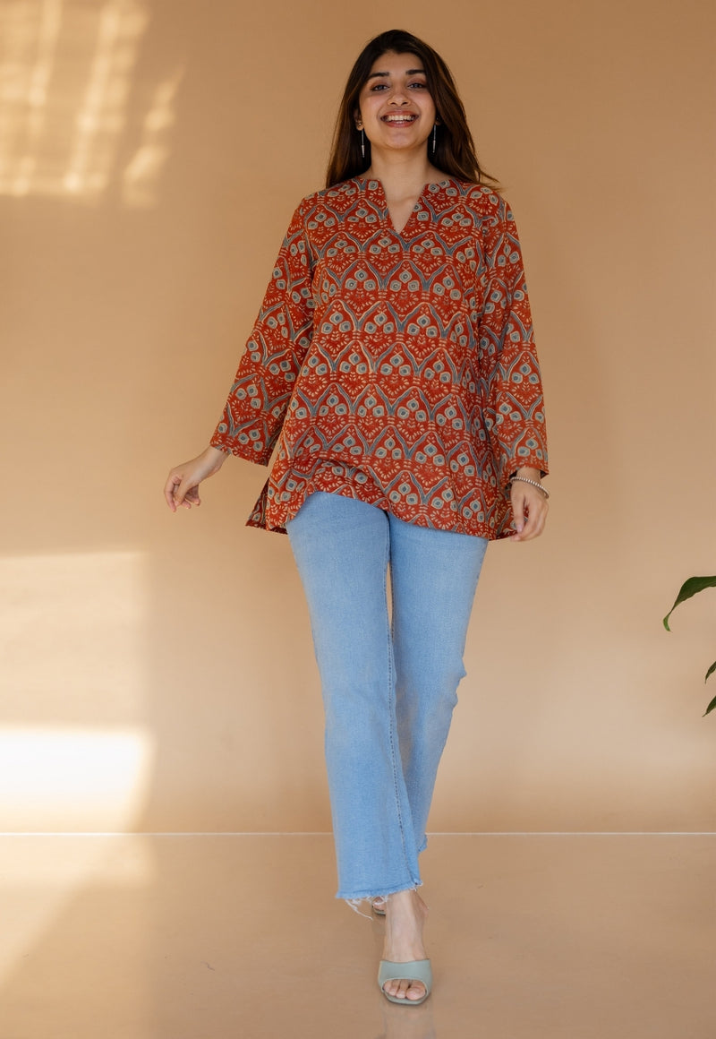 Tapsi Red Ajrakh Cotton A Line Short Top with Hand Embroidery