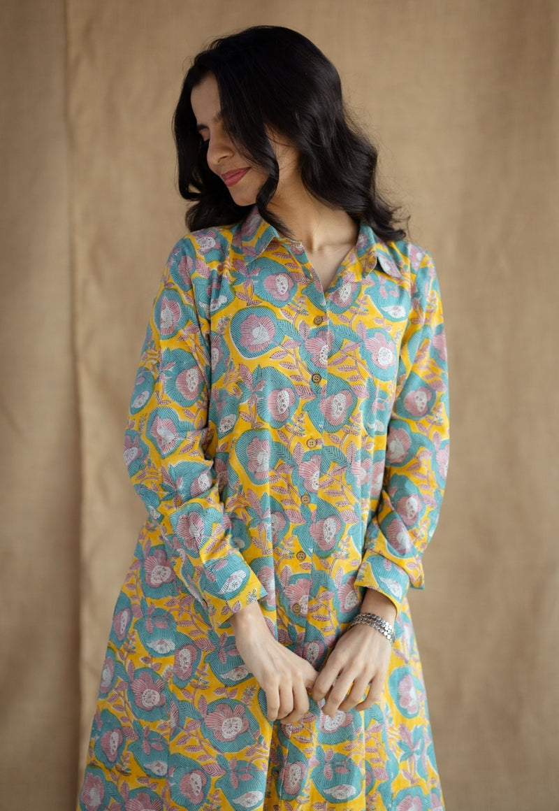 Trusha Yellow Sanganeri Slub Cotton A Line Dress