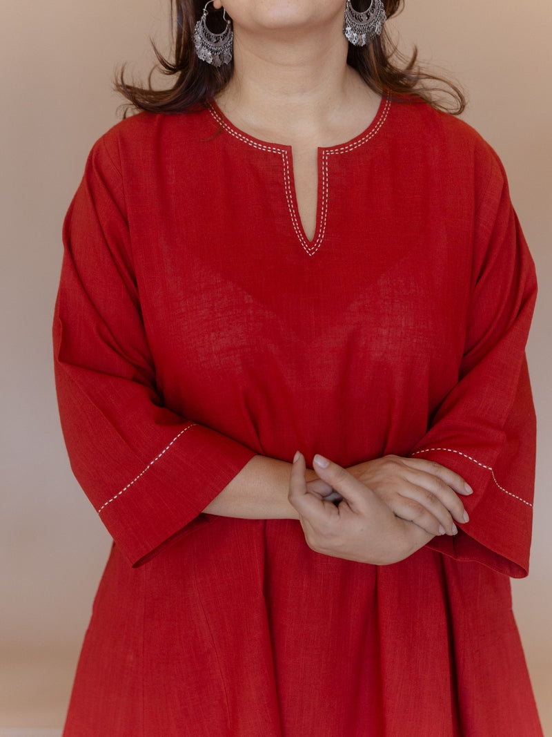 Nyra Red Solid Slub Cotton Jhabbha Kali Kurta with Hand Embroidery