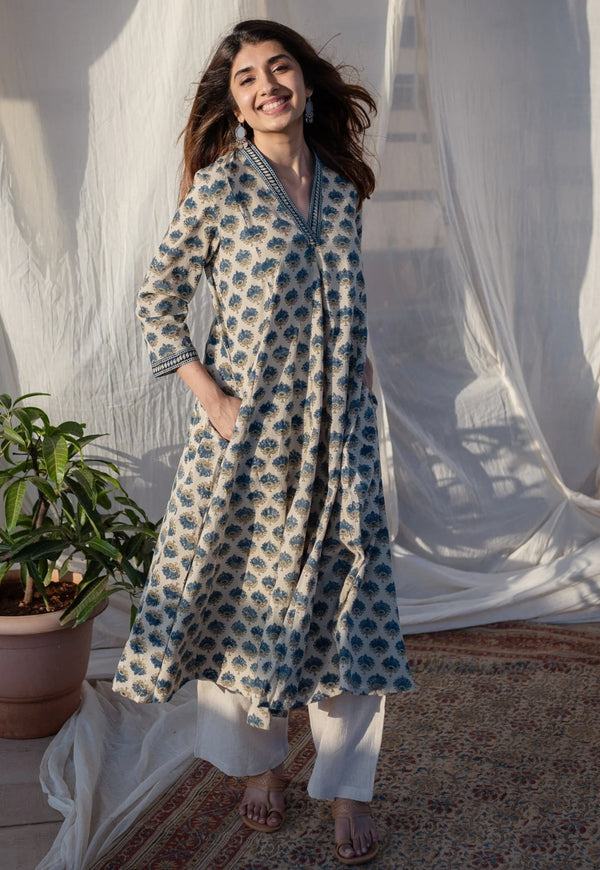 Aadhya Ajrakh Kali Line Cotton Kurta