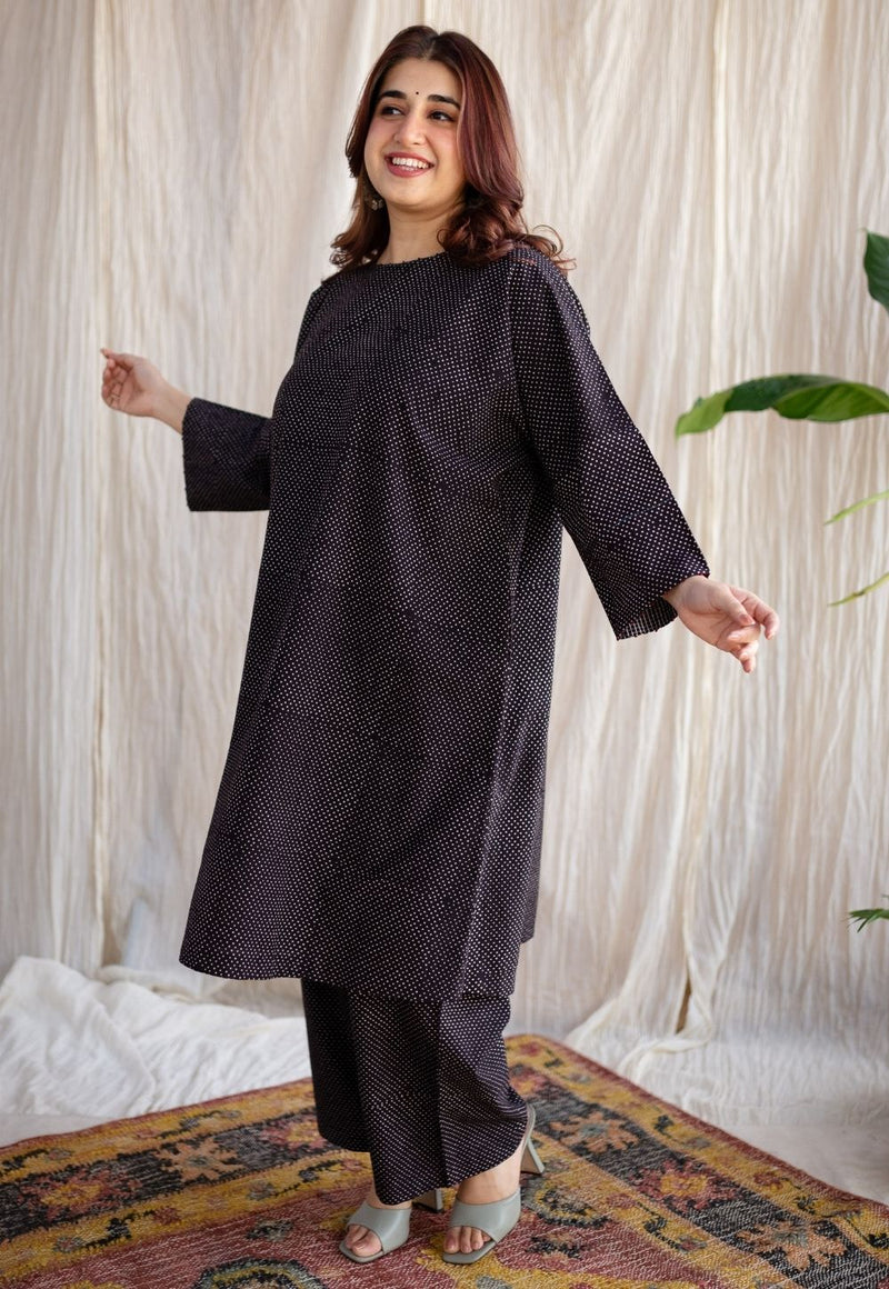 Bombay Charcoal Ajrakh Cotton Loose Kurta with Hand Embroidery