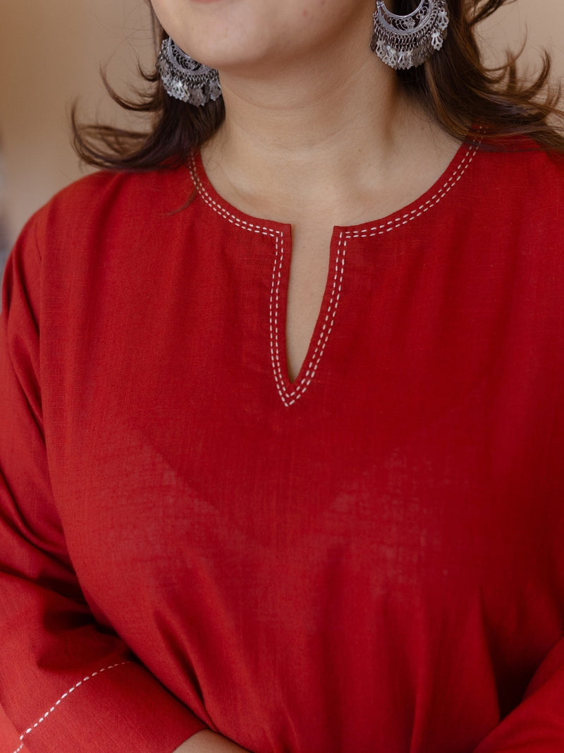 Nyra Red Solid Slub Cotton Jhabbha Kali Kurta with Hand Embroidery