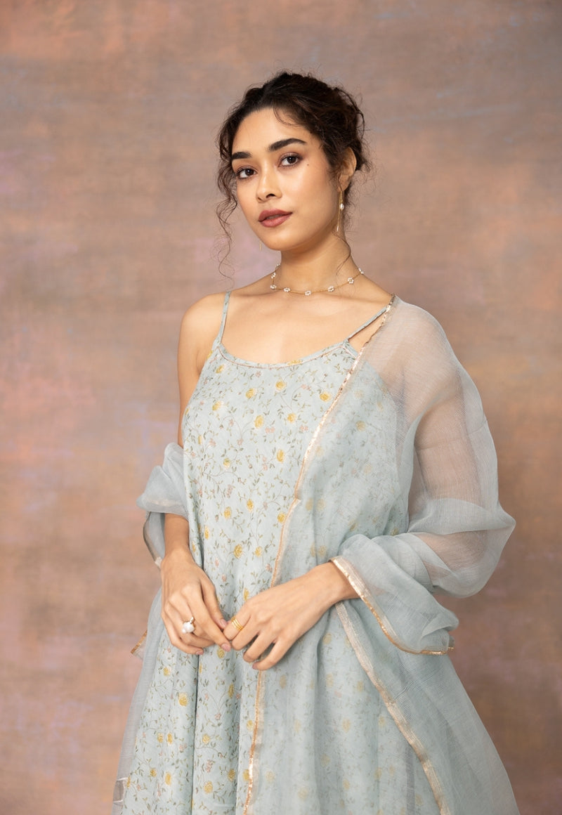 Rosalie Blue Sanganeri Chanderi Silk A Line Kurta with Lace Detailing