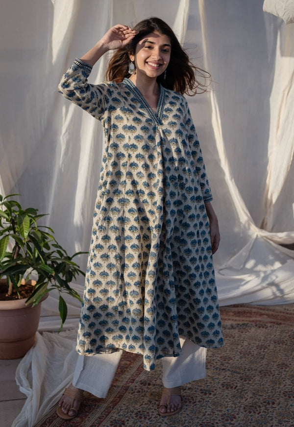 Aadhya Ajrakh Kali Line Cotton Kurta