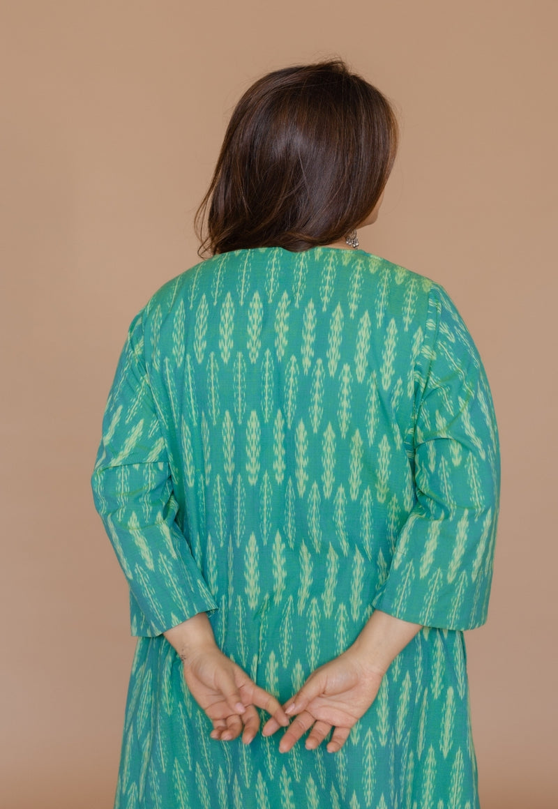 Alizah Green Handloom Ikkat Cotton Jhabbha Kali Kurta