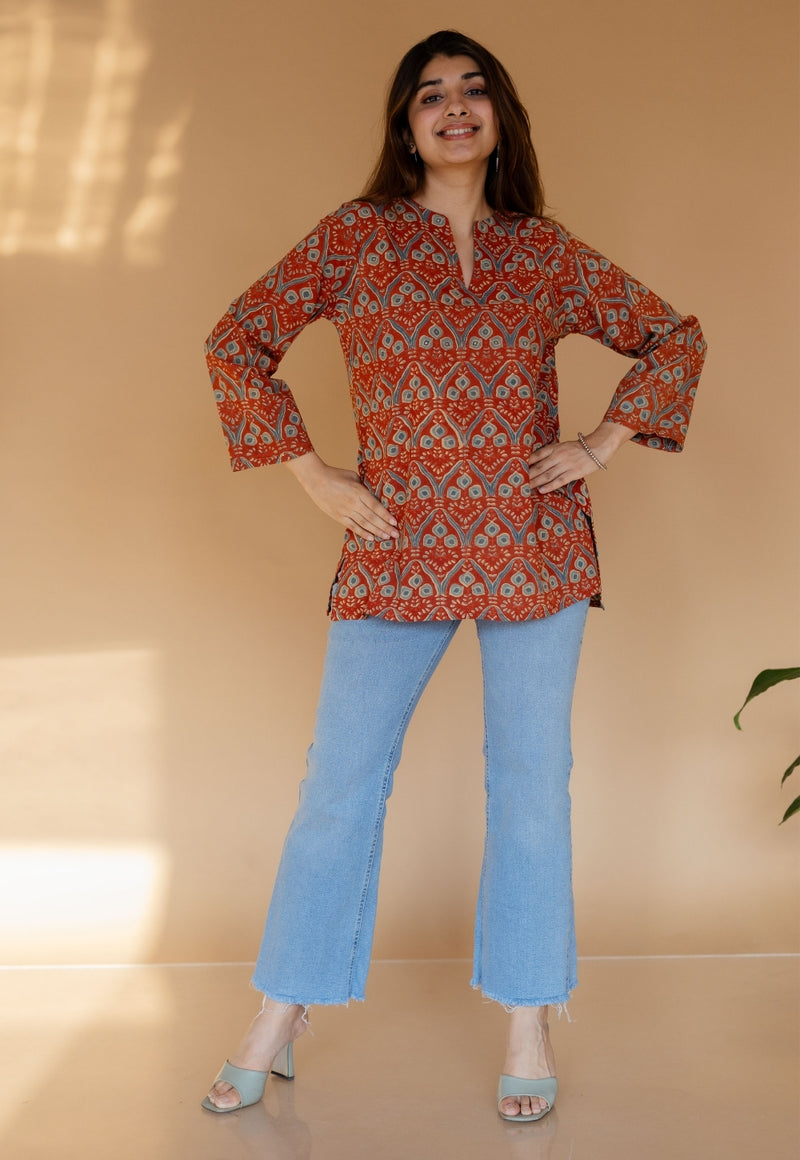 Tapsi Red Ajrakh Cotton A Line Short Top with Hand Embroidery