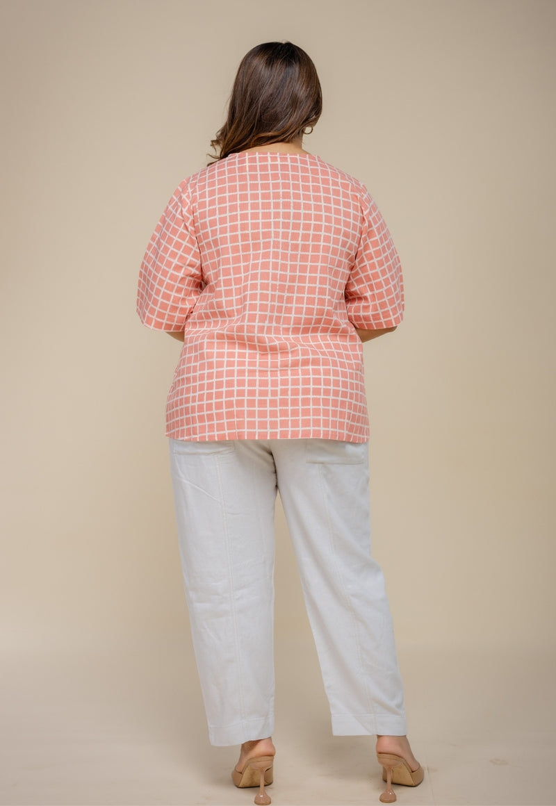 Saiya Red Hand Block Print Slub Cotton Straight Short Top