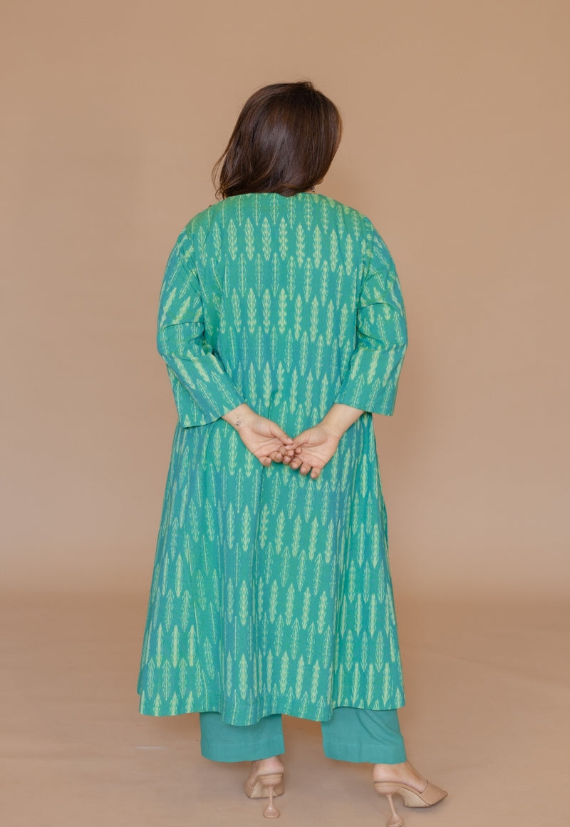 Alizah Green Handloom Ikkat Cotton Jhabbha Kali Kurta