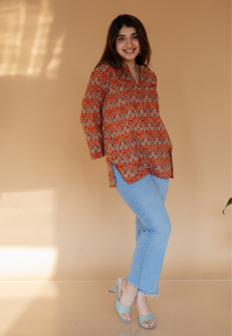 Tapsi Red Ajrakh Cotton A Line Short Top with Hand Embroidery