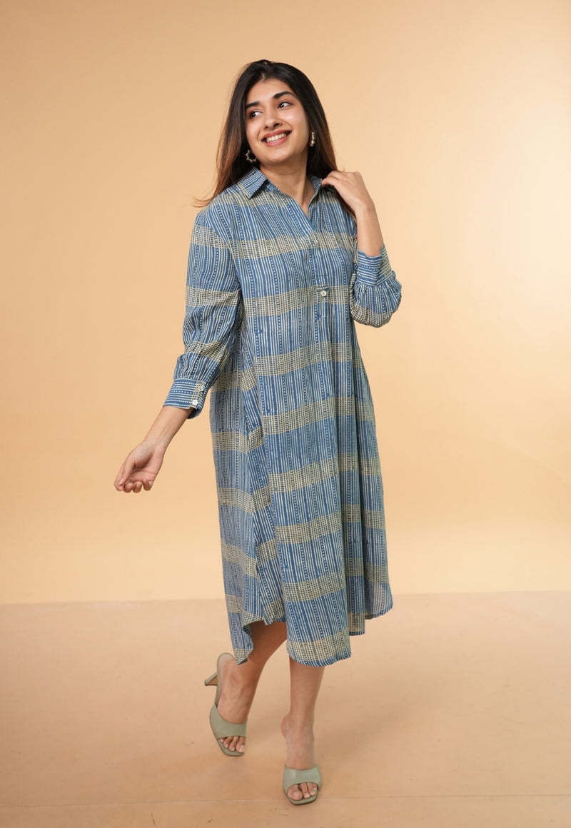Ridah Blue Ajrakh Modal Silk A Line Dress