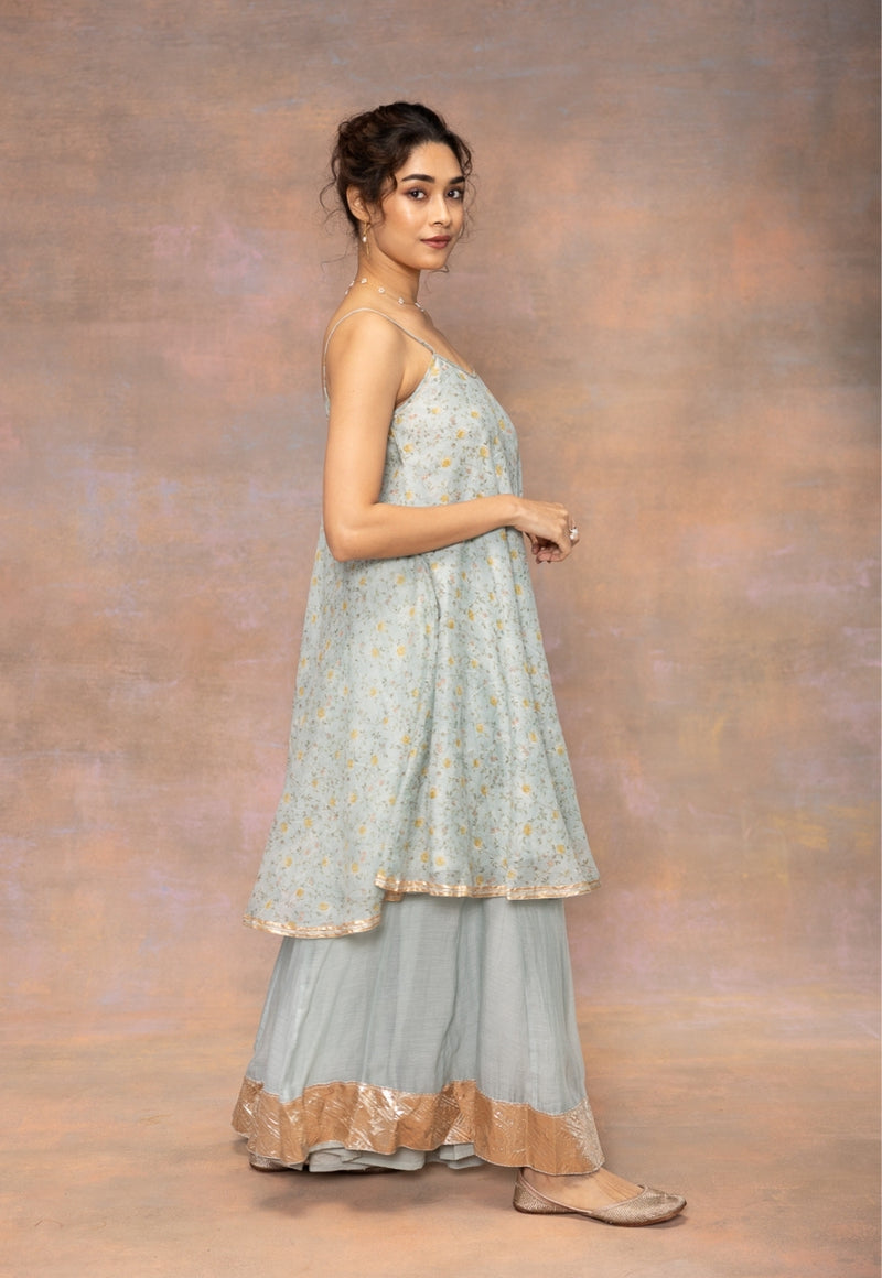 Rosalie Blue Sanganeri Chanderi Silk A Line Kurta with Lace Detailing