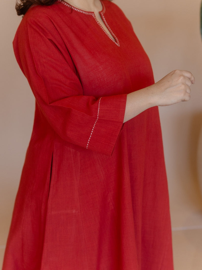 Nyra Red Solid Slub Cotton Jhabbha Kali Kurta with Hand Embroidery