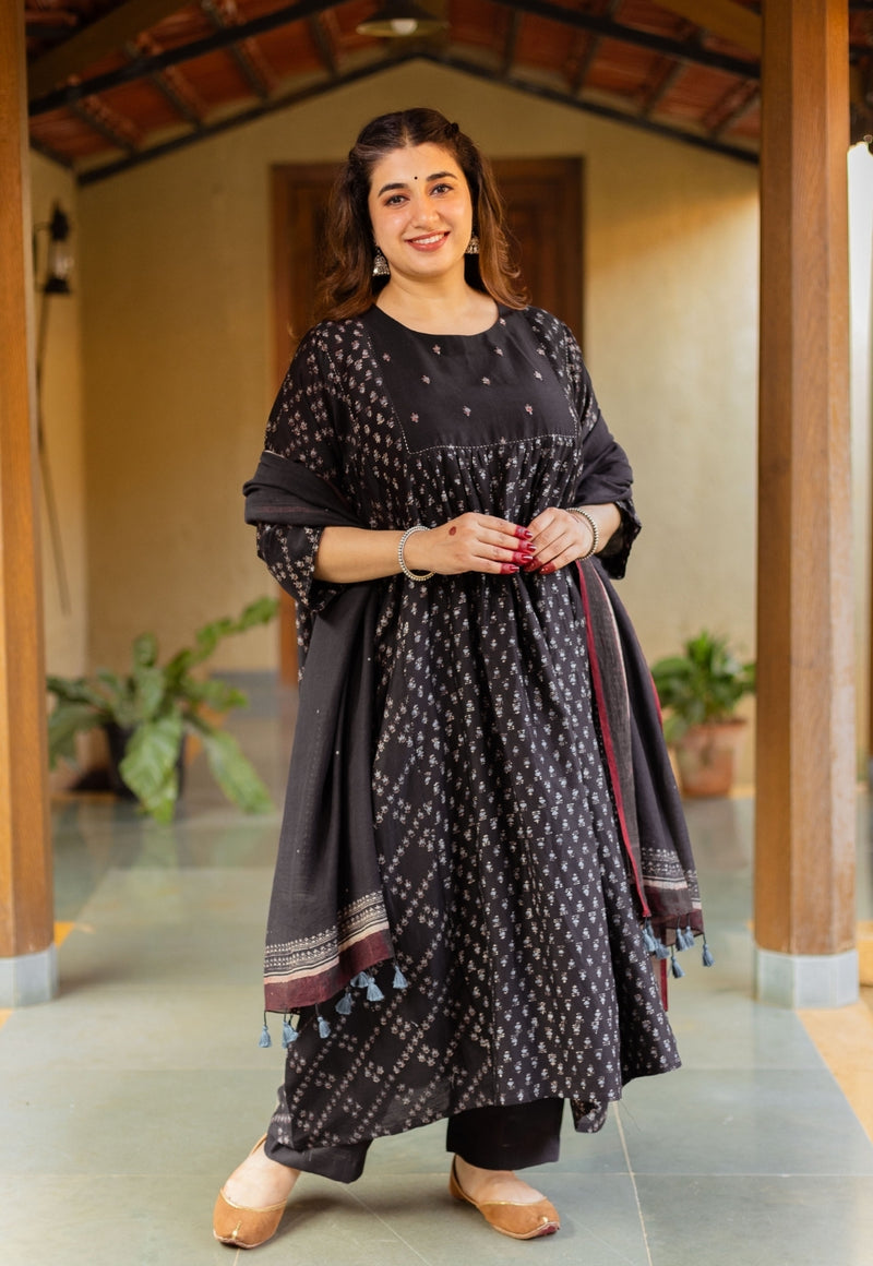 Melina Black Ajrakh Chanderi Silk Jhabba Kali Kurta with Hand Embroidery