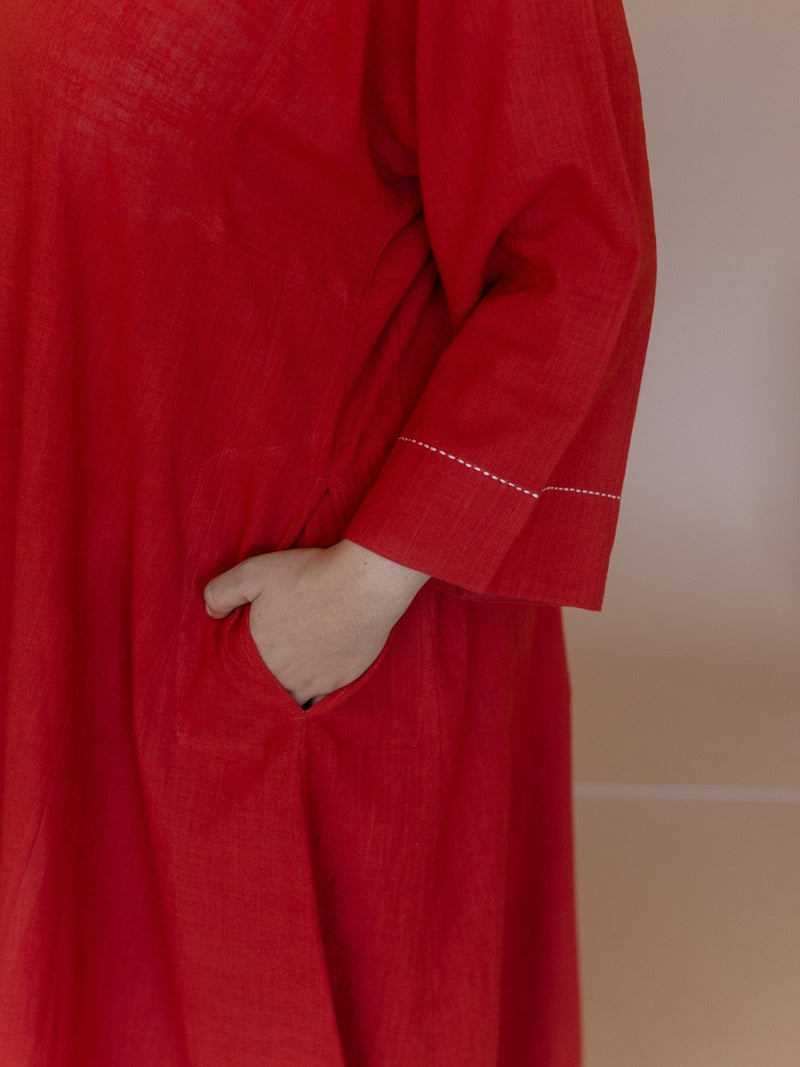 Nyra Red Solid Slub Cotton Jhabbha Kali Kurta with Hand Embroidery