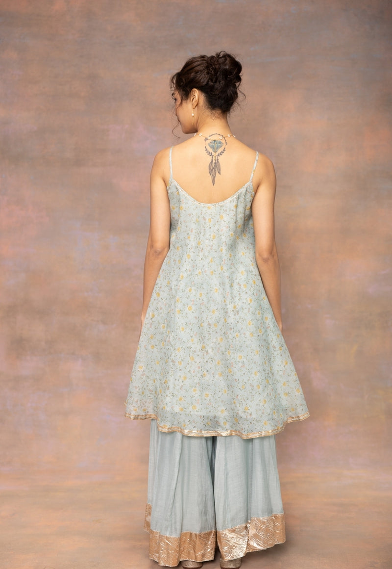 Rosalie Blue Sanganeri Chanderi Silk A Line Kurta with Lace Detailing