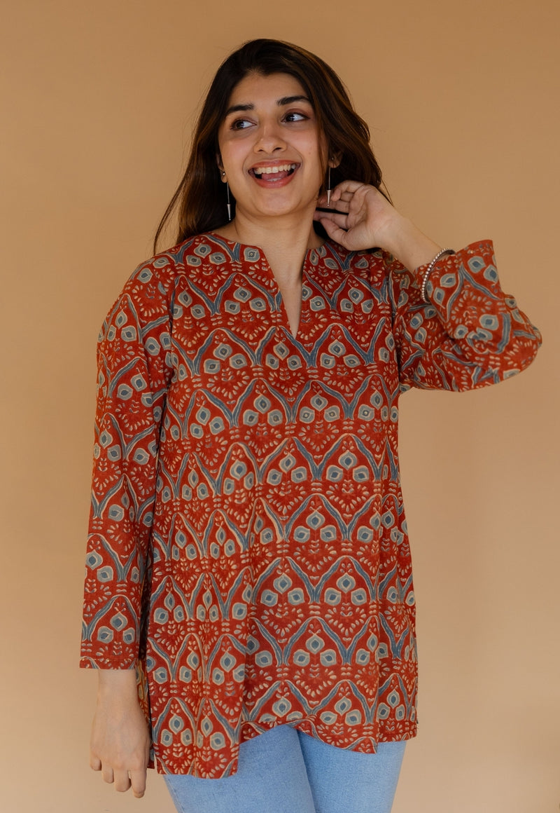 Tapsi Red Ajrakh Cotton A Line Short Top with Hand Embroidery