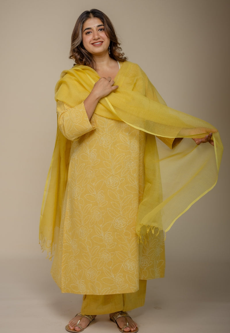 Zoya Yellow Hand Block Print Slub Cotton A Line Kurta with Hand Embroidery