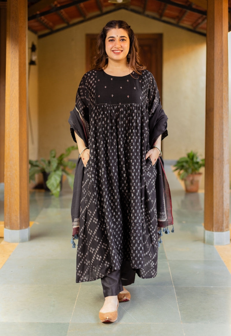 Melina Black Ajrakh Chanderi Silk Jhabba Kali Kurta with Hand Embroidery