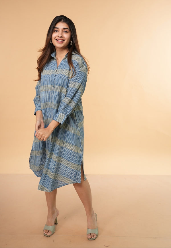 Ridah Blue Ajrakh Modal Silk A Line Dress