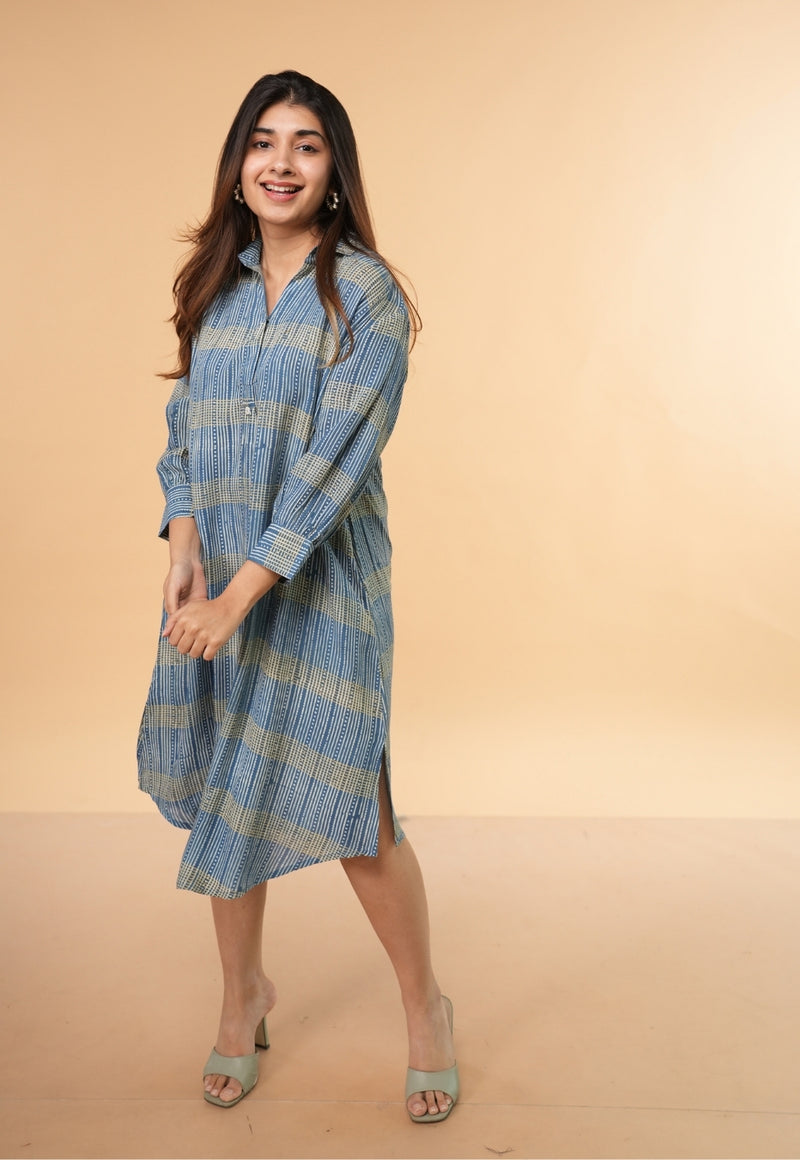 Ridah Blue Ajrakh Modal Silk A Line Dress