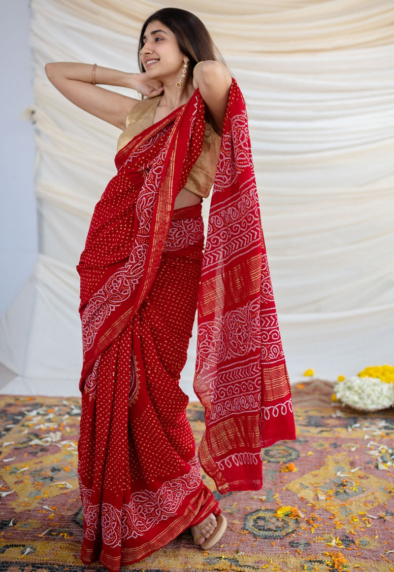 Red Bandhani Cotton  Saree