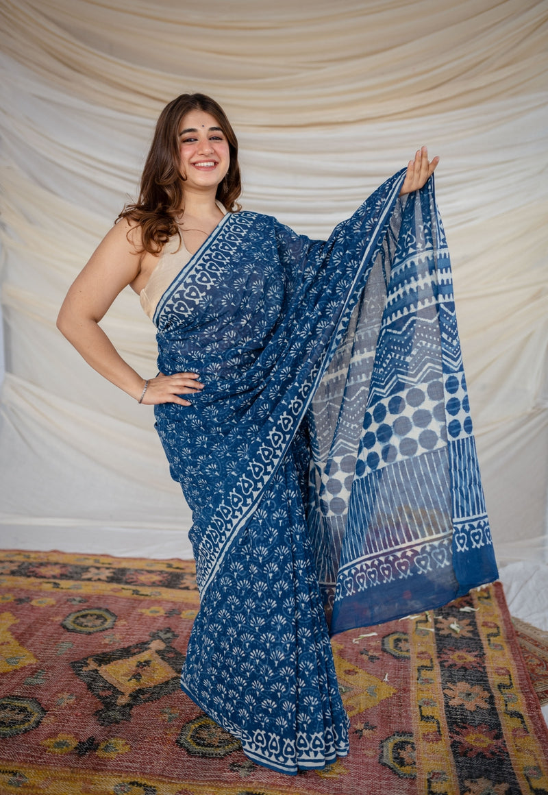 Kaisori Malhar - Dabu Pharad Trinaya Indigo handblockprinted Silk Cotton  saree