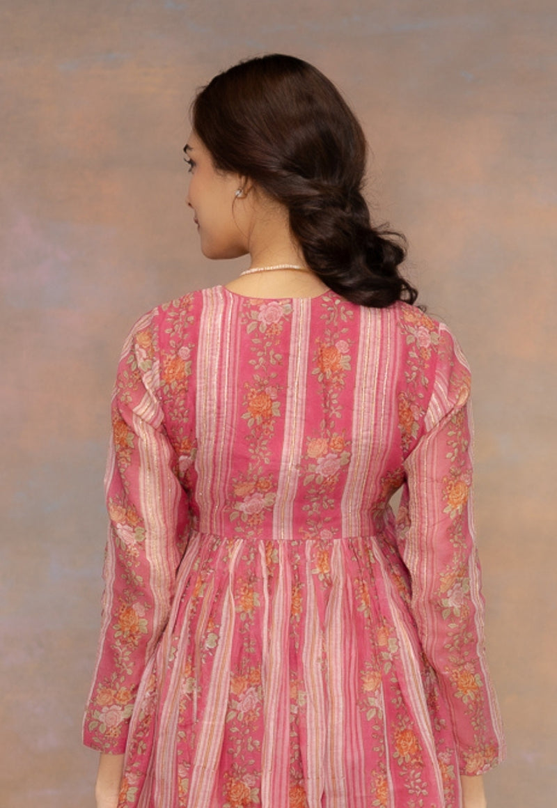 Rooz Pink Sanganeri Chanderi Silk A Line Kurta with Lace Detailing