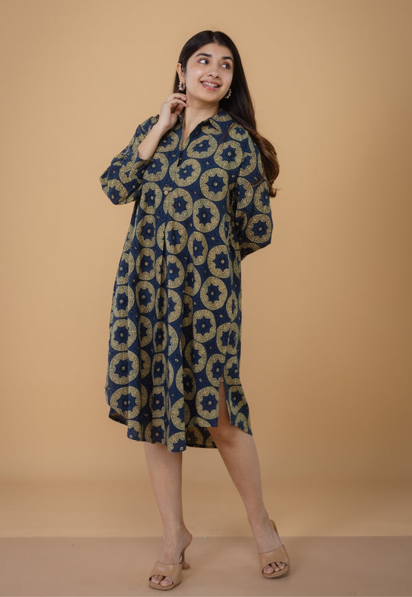 Ridah Blue Ajrakh Cotton A Line Dress