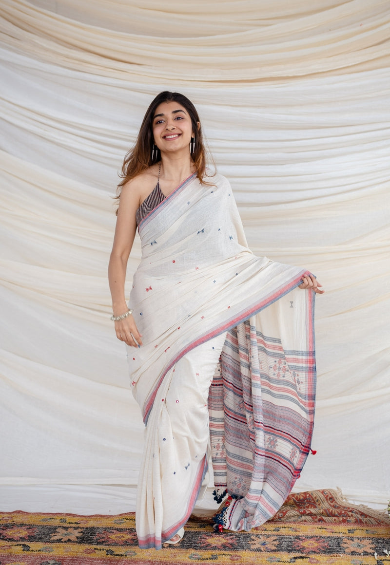 Off white and red combo heart weave pure handloom cotton saree, with B –  Z'Bella Couture